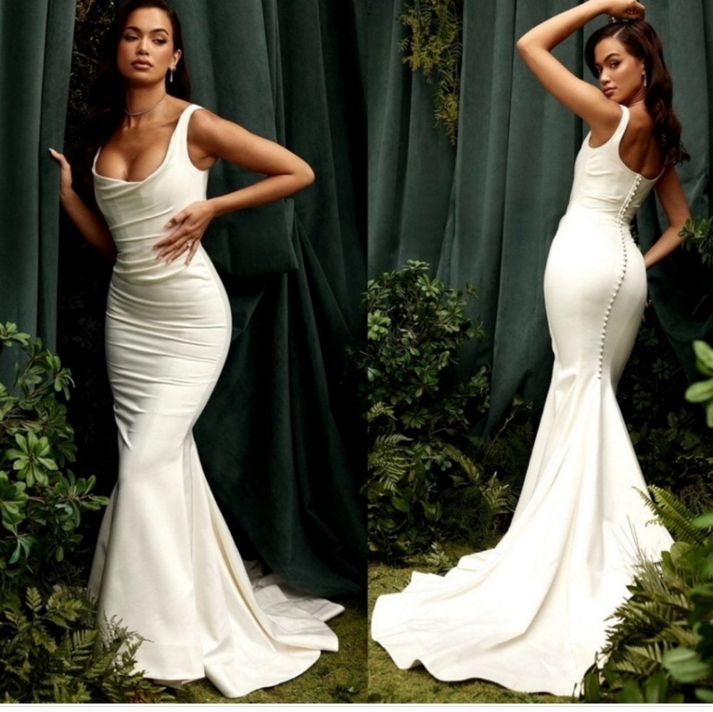 House of CB White Satin Scoop Neck Maxi Gown